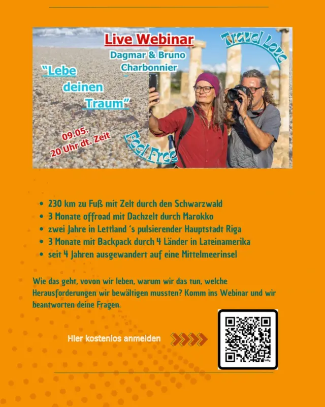Du wolltest schon immer wissen, wie man sein Travellife finanzieren kann. 
Oder prüfen, ob auswandern für dich infrage käme. 
Bei uns hast du die Gelegenheit, deine Fragen zu stellen. 
In live und ohne Filter. Sei dabei und melde dich gleich hier kostenlos an. 
🔅
#travellovefeelfree
#luckyways #reisenundauswandernmitherz #reisen #travel #weltreise #auswandern #mindset #freiheit
#FreiheitErleben #FreiheitGestalten #GrenzenlosLeben #AuswandernMitPlan #NomadLife #NeueLebenswege #WeltEntdecken #ReiseAbenteuer #WorkAndTravel
