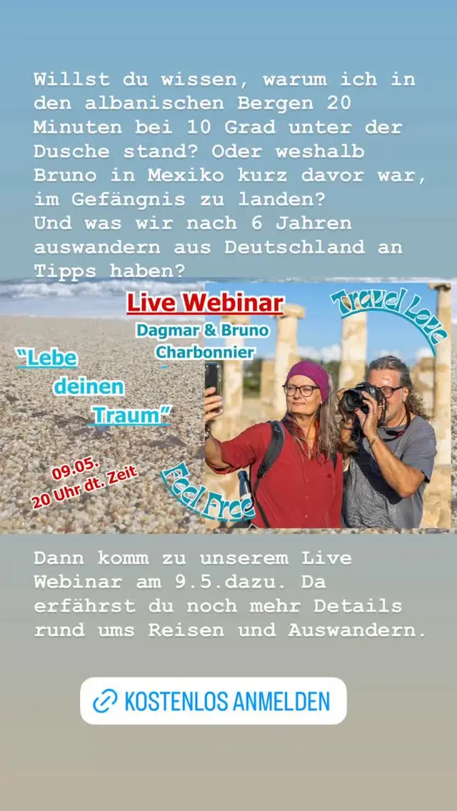 Du willst reisen? Oder auswandern? Nur hast du noch keine Ahnung, wovon du dort leben willst? 
Hatten wir vor einigen Jahren auch nicht - bis wir einen Plan machten. 
🩵
Willst du unsere Geschichte hören? Dann melde dich zum Online-Kongress Feel Free an und komme auch zu unserem Live Webinar. 
Alles for 🆓 
🩵
#travellovefeelfree
#luckyways  #reisenundauswandernmitherz #reisen #travel #weltreise #auswandern #mindset #freiheit
#FreiheitErleben #FreiheitGestalten #GrenzenlosLeben #AuswandernMitPlan #NomadLife #NeueLebenswege #WeltEntdecken #ReiseAbenteuer #WorkAndTravel